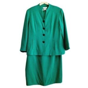 SHOMI by Miller Shore 100% Silk 2-Piece Skirt Blazer Set Green Sz 16 Flawed